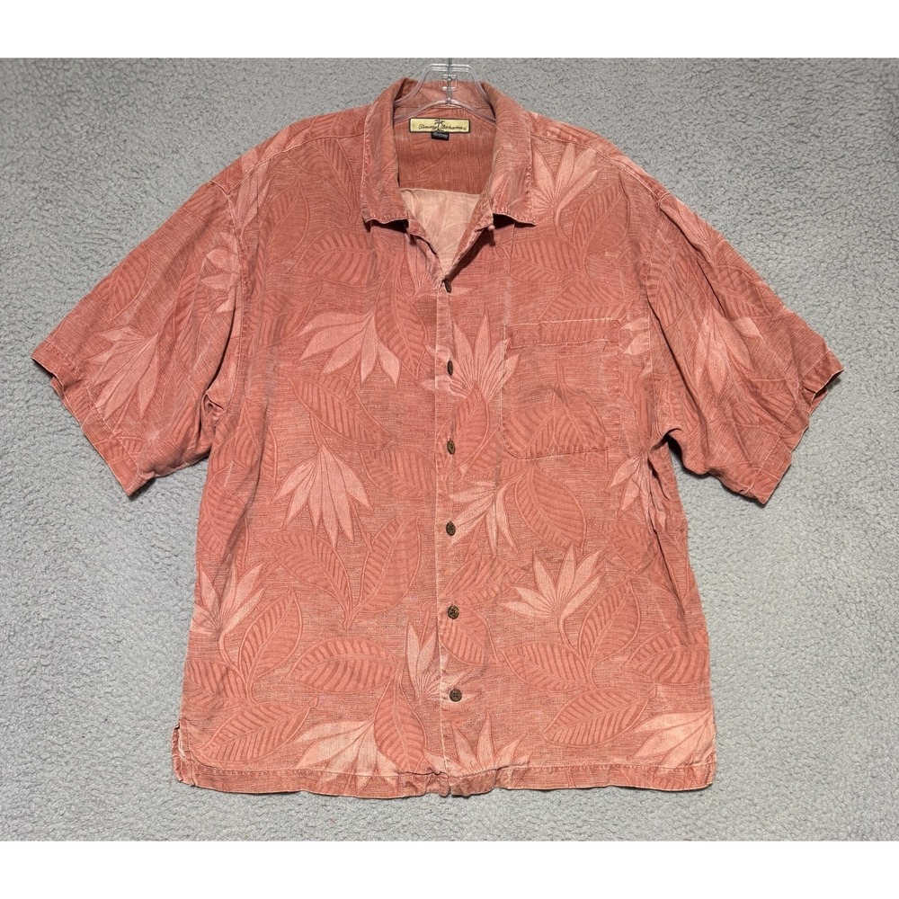 Tommy Bahama 100% Silk button up short sleeve shirt Mens Large Floral Pink Coral
